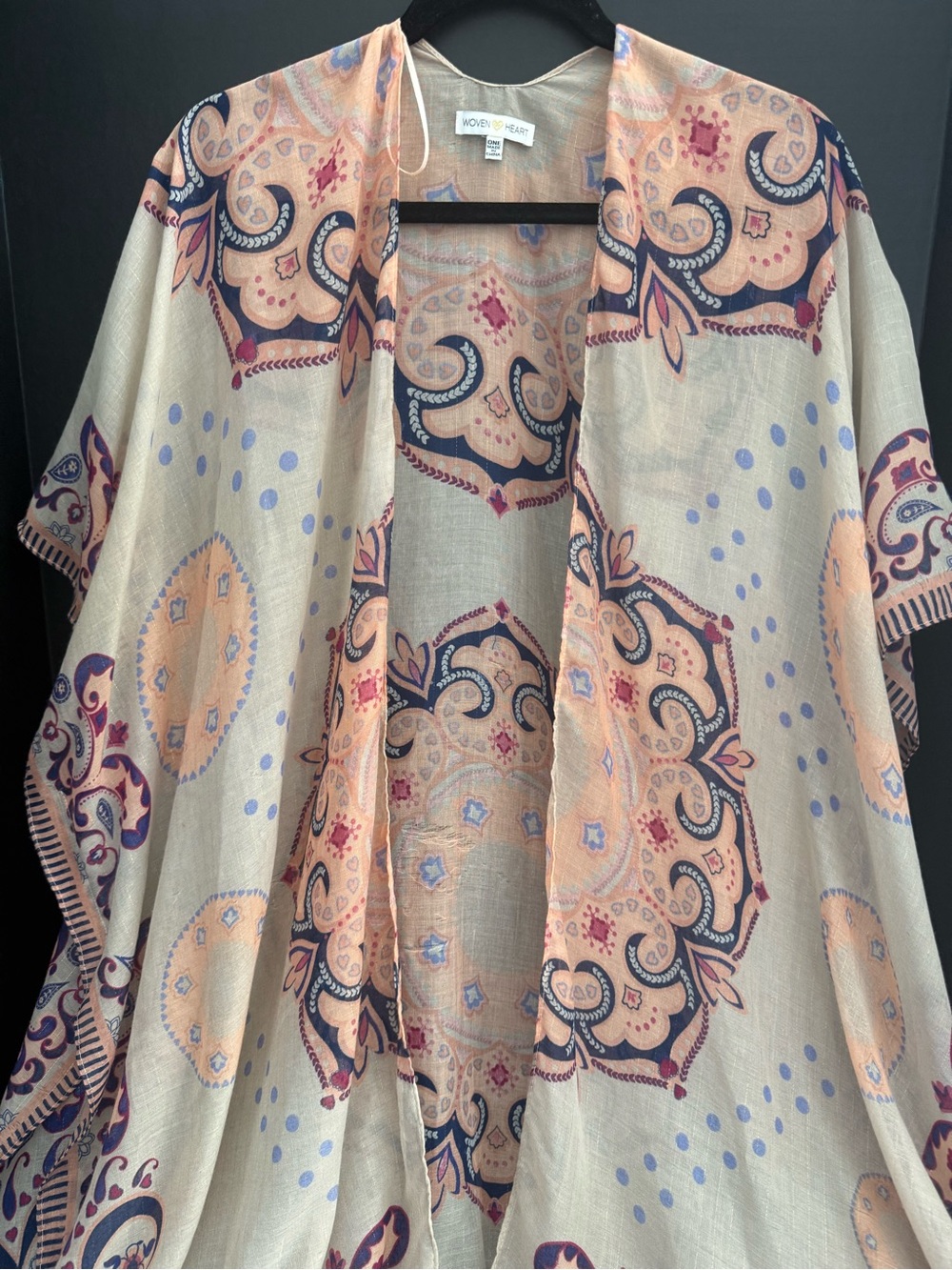 Woven Heart Peach and Navy Paisley Open-Front Kimono Wrap